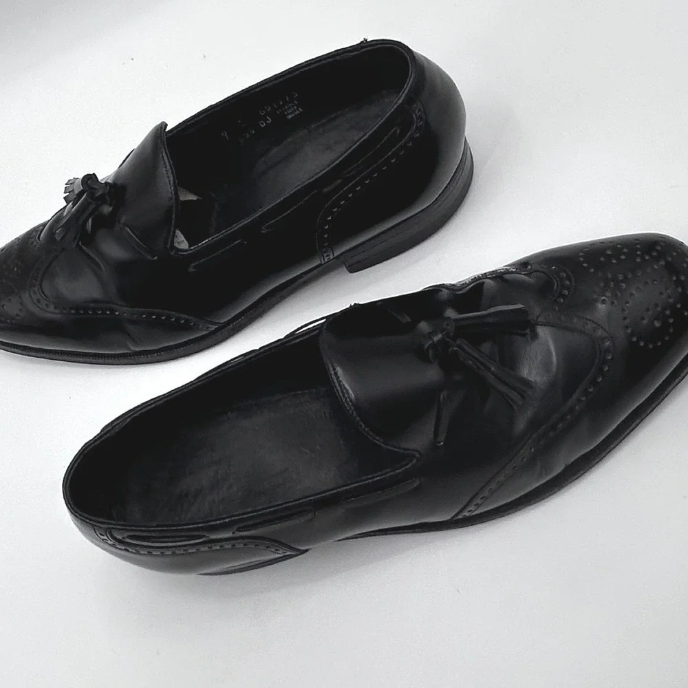 Vintage Black Leather Tassel Loafers Wingtip Slip On Dress Shoes Men's 9 E